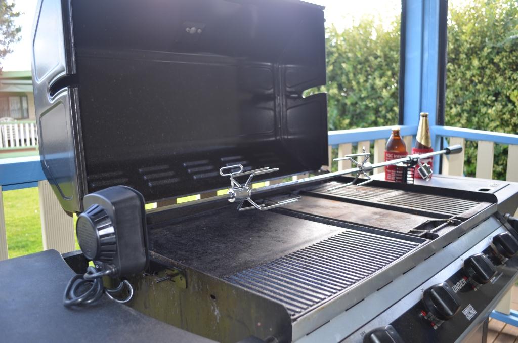 This picture shows a new BBQ Rotisserie Kit Setup on a Gas BBQ